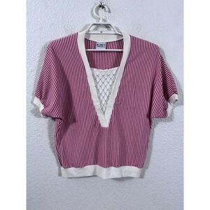 Vintage Koret Francisca Top Womens‎ M Red Stripe Crochet V Neck Nautical Y2K